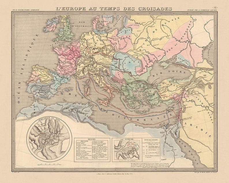 Old Map of the Crusades in Europe and the Middle East, 1838: Routes ...