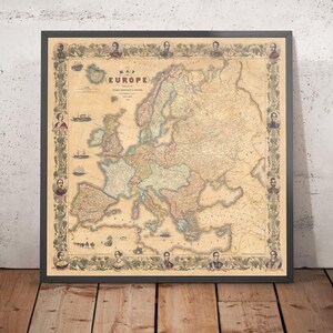 Rare Old Map of Europe by Ensign, Bridgman & Fanning, 1855: Portraits of Victoria, Isabella, Napoleon, etc.