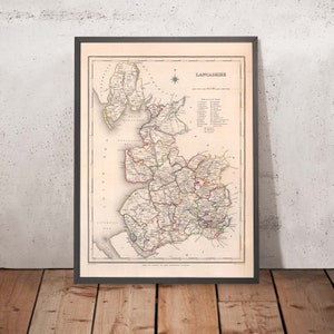 Old Map of Lancashire by Samuel Lewis, 1844: Manchester, Liverpool, Preston, Blackburn, and Oldham