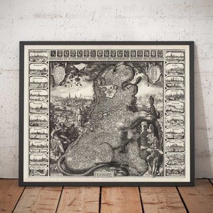 Ancienne carte de Leo Belgicus des Pays-Bas en 1611 par C. Janszoon Visscher - Pays-Bas, Belgique, Bruxelles, Amsterdam, Genk