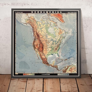 Old Physical Map of North America by Haack, 1950: Topography, Educational Chart