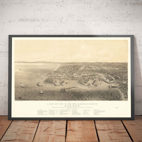 Stara mapa Odessy, Ukraina, 1855 - Czarnomorskie miasto portowe - forty, cytadela, centrum miasta - ilustracja z lotu ptaka - oprawiona, prezent bez ramki