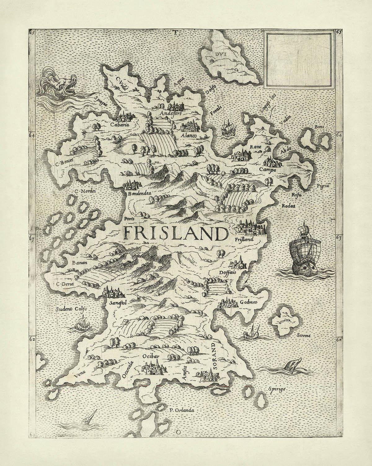 Old Map of Mythical Frisland by Bertelli, 1560: Andoforte, Alanto, Sea ...