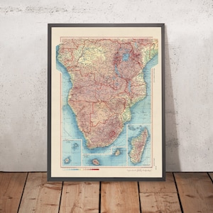 Old Map of Southern Africa, 1967: Congo, Zambia, South Africa, Madagascar, Lake Victoria