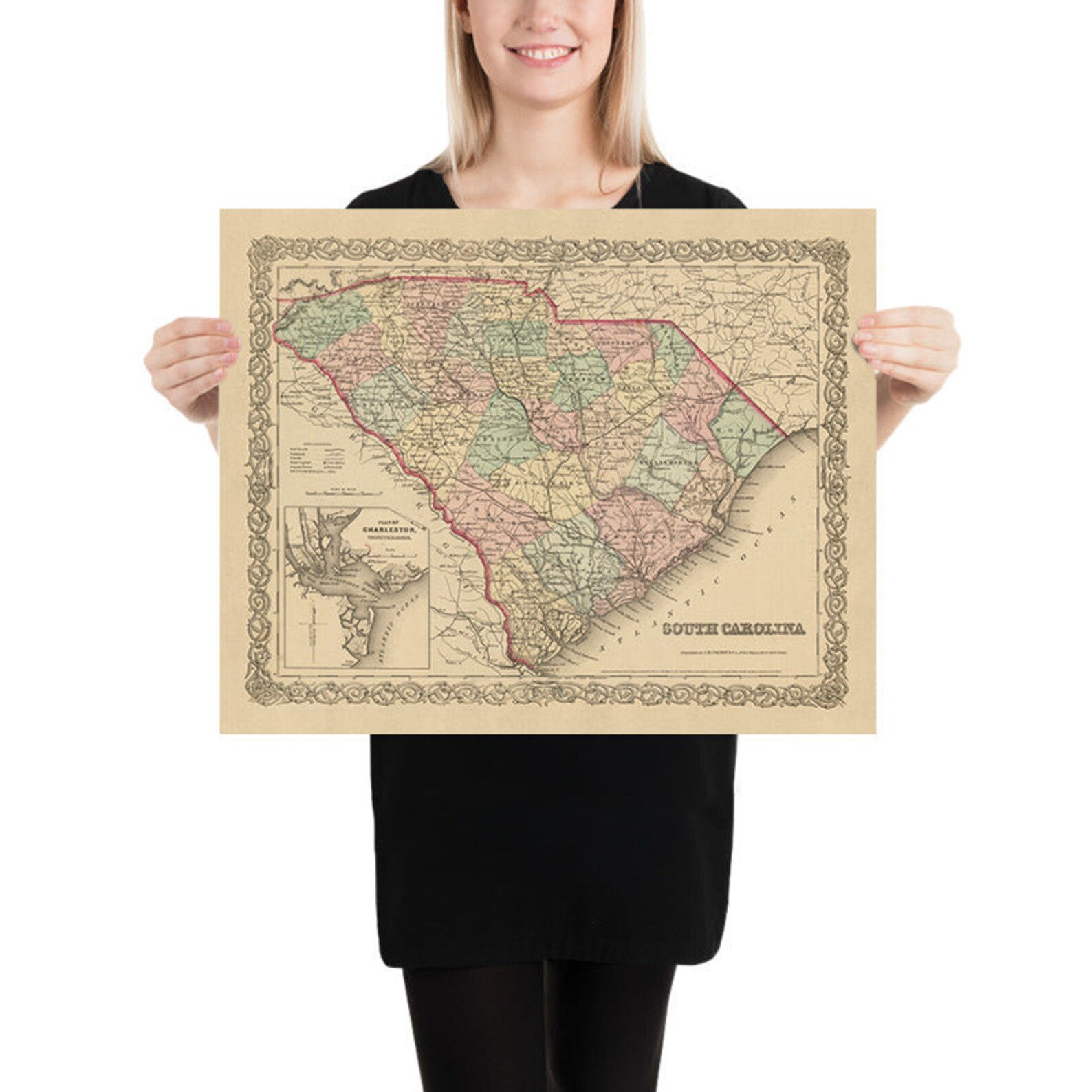 Old Map of South Carolina by Colton, 1859: Charleston, Columbia ...