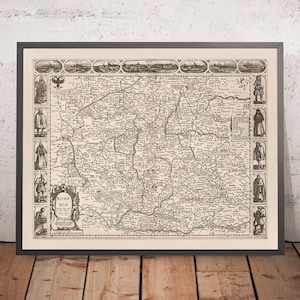 Old Monochrome Map of Bohemia by Speed, 1626: Czechia, Prague, Rivers, Illustrations