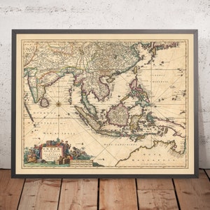 Old Map of the East Indies by Visscher, 1690: Southeast Asia, South Asia, Southern China, Northern Territory, Himalayas