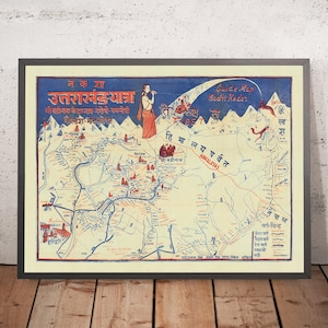 Old Map of Uttarakhand Pilgrimage by Singh, 1960: Chota Char Dham, Mt. Kailash, Ganges Myth, Badrinath, Kedarnath