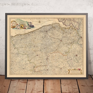 Old Map of Flanders by Visscher, 1690: Brussels, Antwerp, Ghent, Bruges, Scarpe-Escaut Park