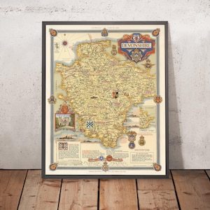 Old Pictorial Map of Devon by Clegg, 1947: Plymouth, Exeter, Dartmoor, WWII Sites, Exeter Cathedral