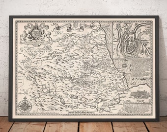 Old Map of County Durham, 1611 by John Speed - Darlington, Stockton-on-Tees, Sunderland, Newcastle - Monochrome  - Framed or Unframed