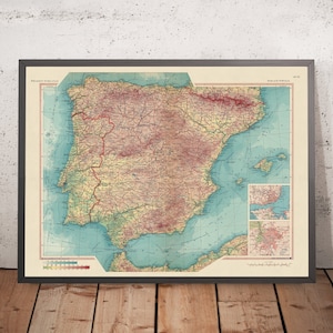 Old Map of Spain and Portugal, 1967: Madrid, Barcelona, Valencia, Seville, Lisbon