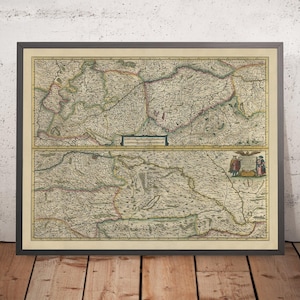 Old Map of the Danube River in Europe by Mercator and Hondius, 1633: Vienna, Budapest, Belgrade, Alps, Hungary