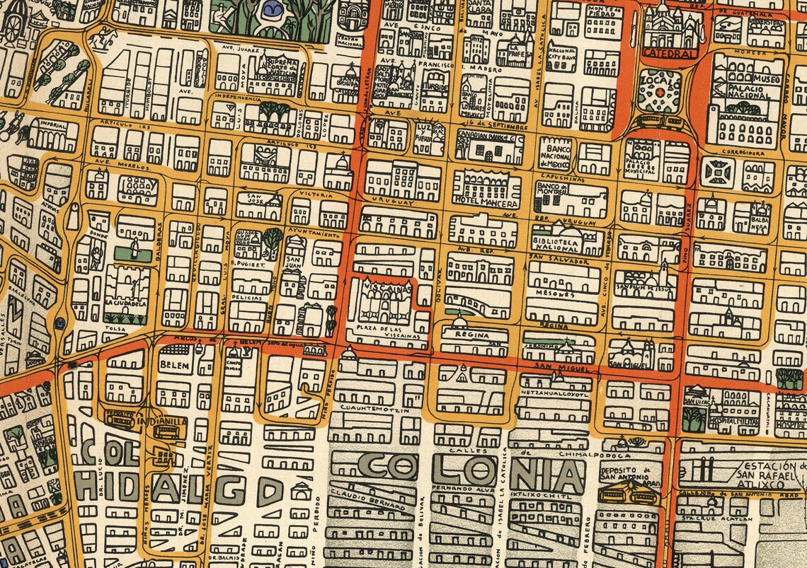 Old map of mexico city in 1932 by emily edwards tacubaya etsy