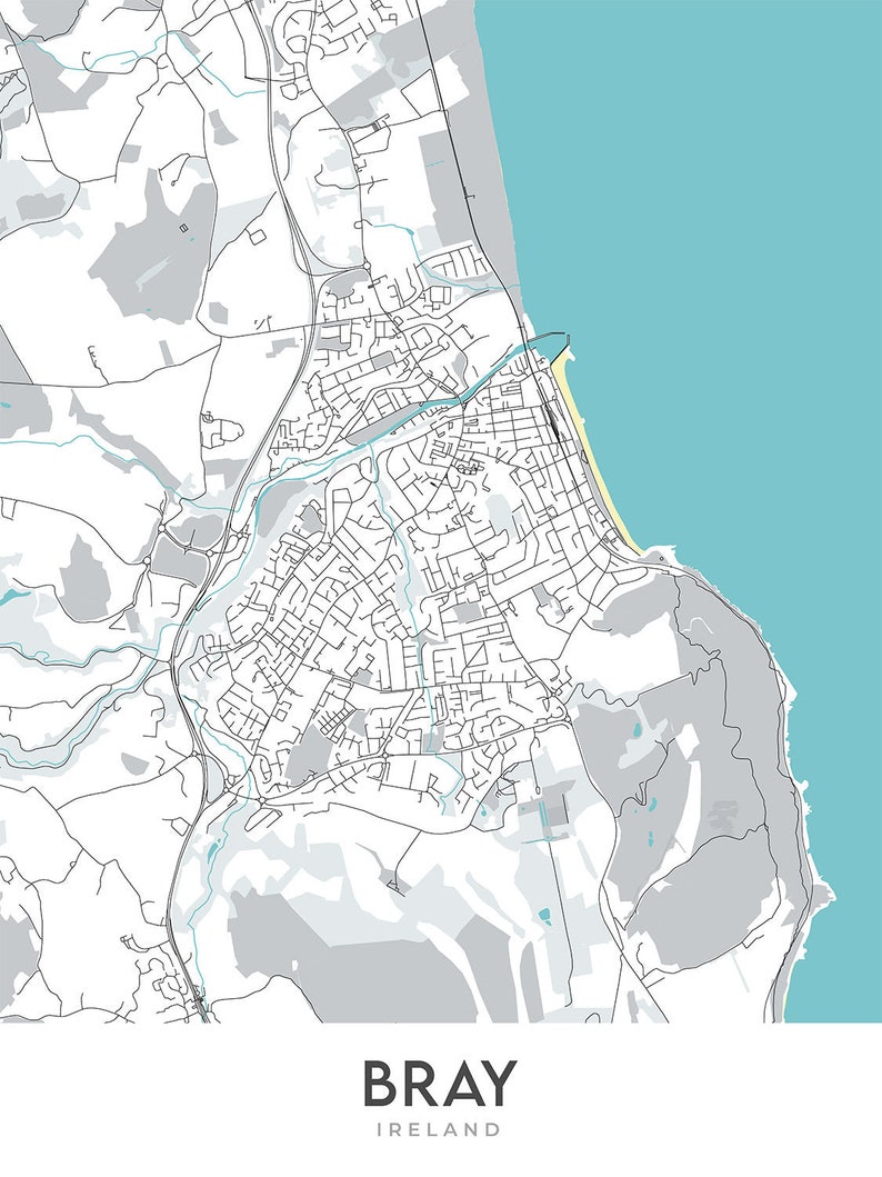 Modern Town Map of Bray, Ireland: Bray Head, Bray Harbour, Bray Head ...