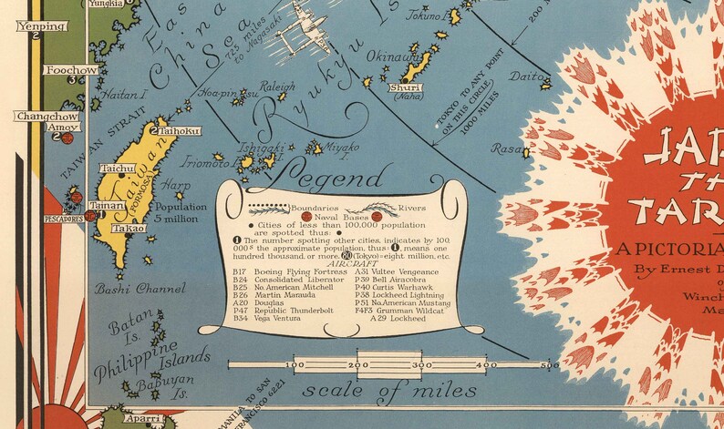 Mapa pictórico Japón, el objetivo de la Segunda Guerra Mundial, 1942 por Ernest Chase Antiguo gráfico de bombardeos de la Segunda Guerra Mundial China, Japón, Corea Enmarcado, Sin marco imagen 6