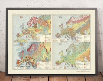 Pode incluir: Um mapa vintage da Europa mostrando formações geológicas. O mapa está dividido em quatro seções, cada uma mostrando uma característica geológica diferente. O mapa é impresso em uma variedade de cores, incluindo verde, marrom, amarelo e vermelho. O mapa é intitulado "Europa" e faz parte do "Atlas Mundial de Pergamon".
