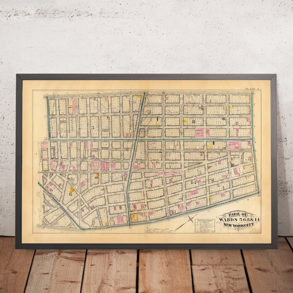 Old Map of Lower Manhattan (Wards 5, 6, 8 & 14) by Bromley, 1879: SoHo, Little Italy, Civic Center, Chinatown, Five Points