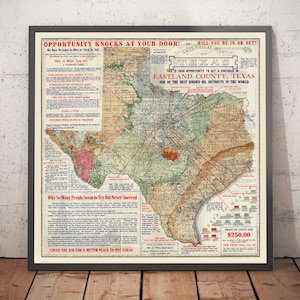 Seltene alte geologische Karte von Texas, 1921 - Eastland County Oil Boom - Petroleumpuertor Promo-Chart - Mit oder ohne Rahmen