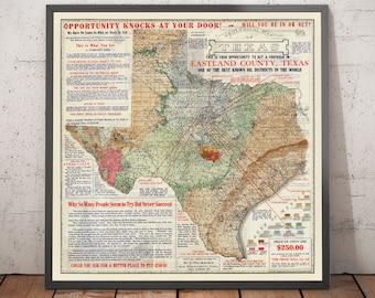 Rare Old Geological Map of Texas, 1921 - Eastland County Oil Boom - Petroleum Investor Promo Chart - Framed or Unframed Geologist Gift