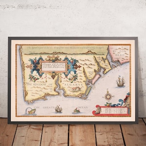 Old Map of the Algarve by Waghenaer, 1588: Faro, Lagos, Portimão, Cape of Saint Vincent, Decorative Cartouche