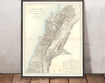 Old Map of Lebanon by Depot De La Guerre, 1862: Beirut, Tripoli, Sidon, Tyre, Byblos