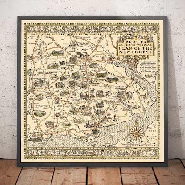 Pratts High Test Plan of the New Forest, 1930 - Hampshire, Lyndhurst - Old Vintage Motoring Car Map - Esso, Standard Oil - Framed Unframed