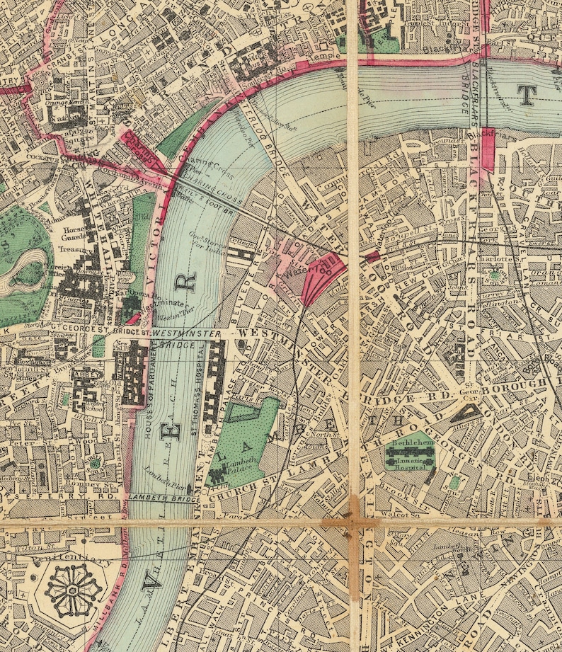 Big Old Map of London by Bacon, 1890 - Rare Folding Wall Chart of Victorian England - Postcodes, Train Stations, Parks - Framed or Unframed image 5