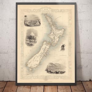 Alte Karte von Neuseeland im Jahr 1851 von Tallis und Rapkin - Auckland, Tauranga, Christ Church, Wellington, New Plymouth