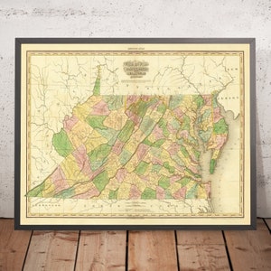 Old Map of Virginia, Delaware & Maryland by Tanner, 1820: Washington D.C., Baltimore, Norfolk, Richmond, and Annapolis