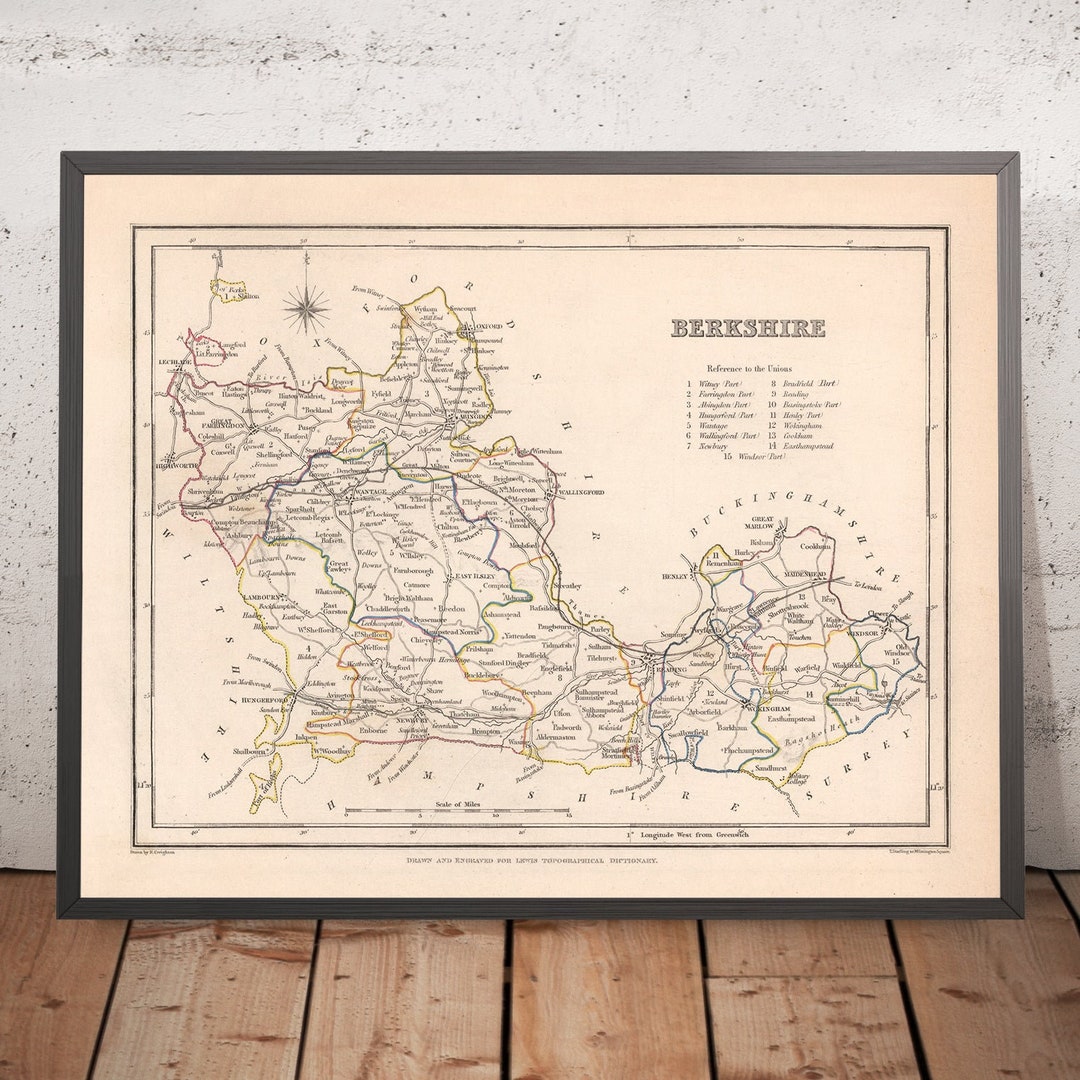 Old Map of Berkshire by Samuel Lewis, 1844: Reading, Windsor, Newbury ...