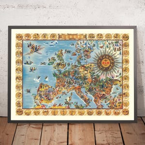 Old Map of Europe by KLM, 1967: Whimsical Illustrations, Cultural Highlights, Airplanes