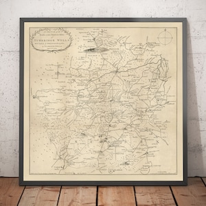 Old Map of Tunbridge Wells and 14 miles around by Jasper Sprange, 1802 - Kent, East Sussex - Ashdown Forest - Framed or Unframed Gift