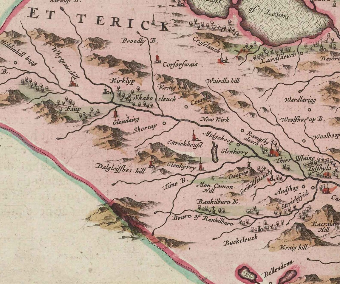 Old Map of Selkirkshire in 1665 by Joan Blaeu - Selkirk, Lindean ...