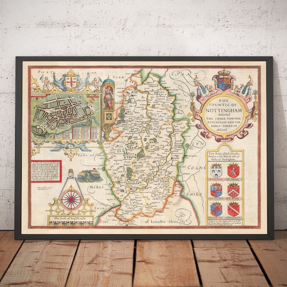Nottinghamshire Nottingham Printed Full Size Replica Old map1610 UNIQUE GIFT 