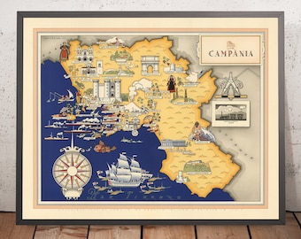 Może przedstawiać: Antyczna, ilustrowana mapa regionu Kampania we Włoszech. Mapa przedstawia szczegółową ilustrację wybrzeża regionu, jego miast i zabytków. Mapa jest utrzymana w żółtej, niebieskiej i białej kolorystyce. Tekst "CAMPANIA" jest nadrukowany w prawym górnym rogu mapy.