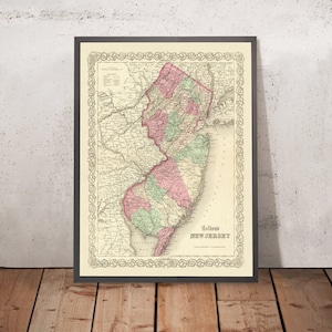 Old Map of New Jersey by J. H. Colton, 1855: Newark, Jersey City, Paterson, Trenton, and Camden