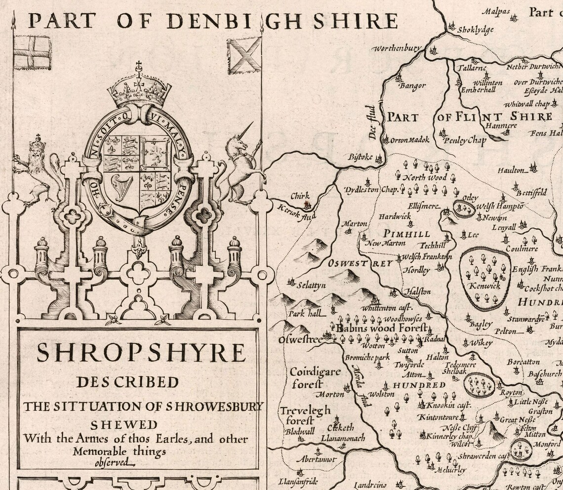 Old Map of Shropshire in 1611 by John Speed Shrewsbury Etsy UK