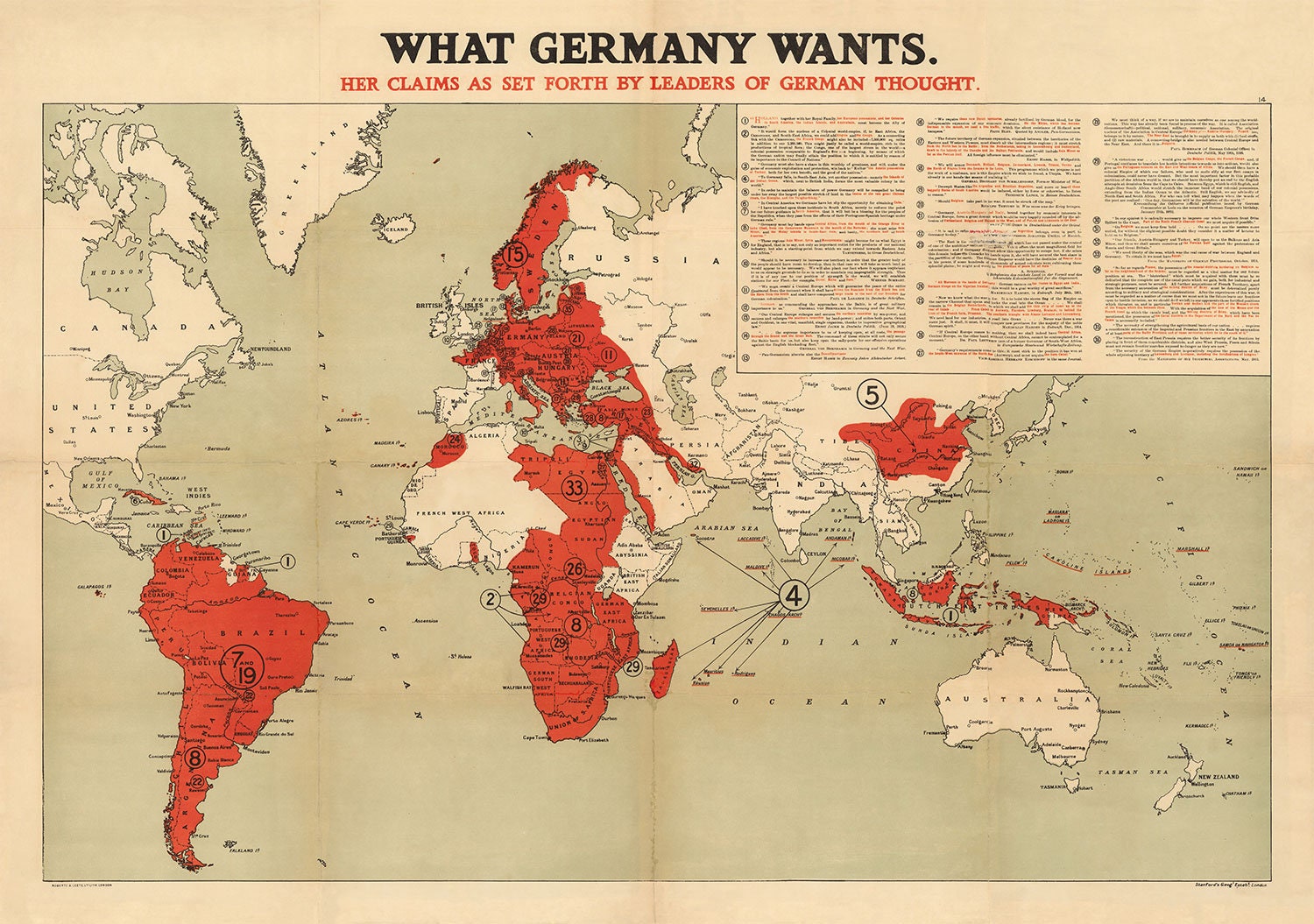 1916 年の古いドイツのプロパガンダ世界地図 - 「ドイツが望む 1916 年の古いドイツのプロパガンダ世界地図 - 「ドイツが望む