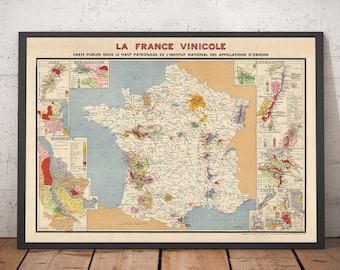 Ancienne carte des vignobles de France « La France Vinicole », 1939 - Bordeaux, Bourgogne, Champagne, Côtes du Rhône, Bergeracois