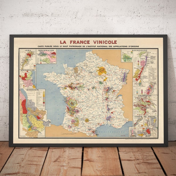 Old Map of Vineyards in France "La France Vinicole", 1939 - Bordeaux,  Bourgogne, Champagne,  Cotes Du Rhone, Bergeracois