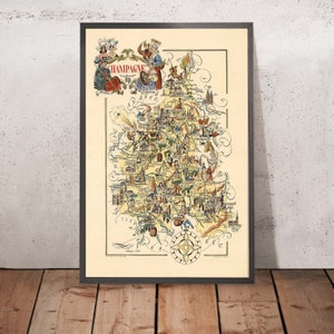 Old Pictorial Map of Champagne by Liozu, 1951: Reims, Troyes, Marne River, Ardennes Forest, Argonne Forest.