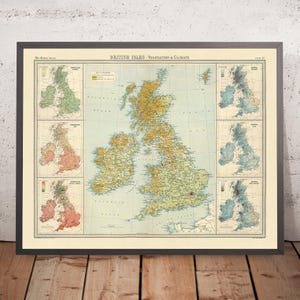 May include: A vintage map of the British Isles showing vegetation and climate. The map is divided into sections, each showing a different aspect of the British Isles. The map is printed on a cream-colored paper with a light blue background. The map is titled "British Isles - Vegetation & Climate".