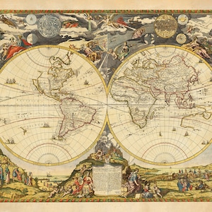 Carte de l'Atlas du vieux monde, 1700 carte ancienne très rare, carte murale vintage par Paolo Petrini encadrée ou non image 2