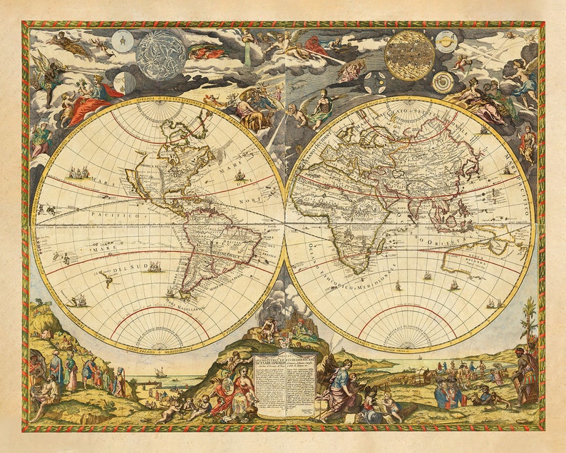 Carte de l'Atlas du vieux monde, 1700 carte ancienne très rare, carte murale vintage par Paolo Petrini encadrée ou non image 2