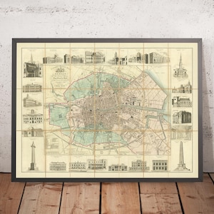 May include: An antique map of Dublin, Ireland, printed in black and white with hand-coloured details. The map shows the city's streets, buildings, and landmarks, including the River Liffey and the Phoenix Park. The map is surrounded by a border of smaller images of buildings and monuments.