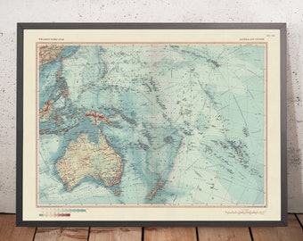 Old Map of Australia & Oceania, 1967: New Zealand, Borneo, Polynesia, Micronesia, Hawaii, Pacific Islands