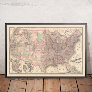 Old Rare County Map of the United States by GW Colton, 1874