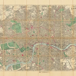 Big Old Map of London by Bacon, 1890 - Rare Folding Wall Chart of Victorian England - Postcodes, Train Stations, Parks - Framed or Unframed image 2