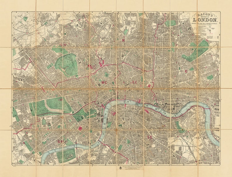 Big Old Map of London by Bacon, 1890 - Rare Folding Wall Chart of Victorian England - Postcodes, Train Stations, Parks - Framed or Unframed image 2
